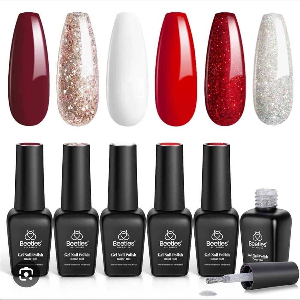 4 FOUR Beetles GEL nail polish burgundy red GEL white glitter